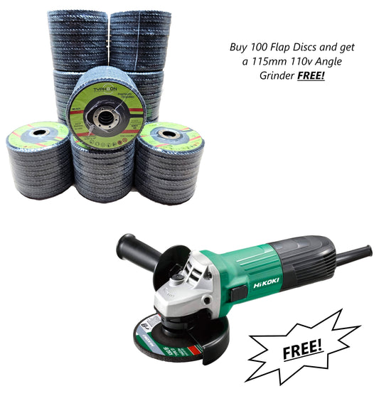 Buy 100 Flap Discs 115 x 22mm 40 grit and get a HIKOKI 115mm 110v Angle grinder FREE!
