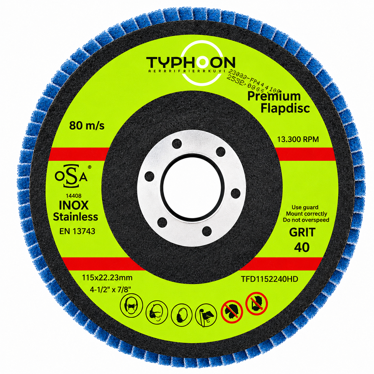 Premium Typhoon Zirconium Flap Discs Metal/Inox 100mm/4", 115mm/4.5", 125mm/5", 180mm/7" 40 grit, 60 grit, 80 grit, 120 grit